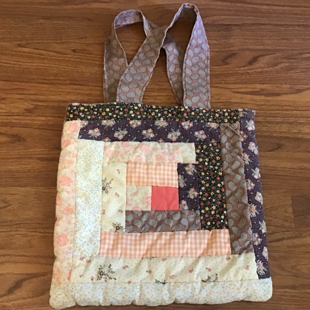 Vintage Handcrafted Log Cabin Pattern Quilted Tote Bag